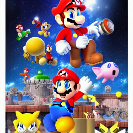 Image similar to super mario brothers and kirby super star ultra movie poster with pokemon super smash bros and princess peach star wars theme pokemon style detailed and accurate eyes