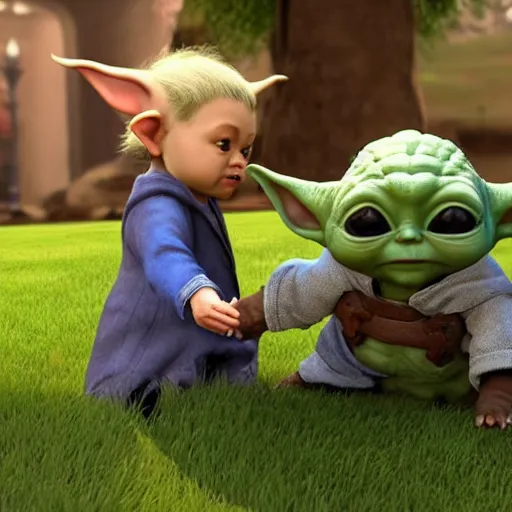 Image similar to zelda playing with baby yoda, detailed, hyper realistic, 4 k octan render, unreal 5