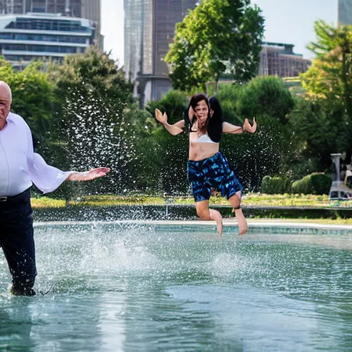 Image similar to mid white hair old man with green shirt and white short, jumping in the water with kevin o'leary