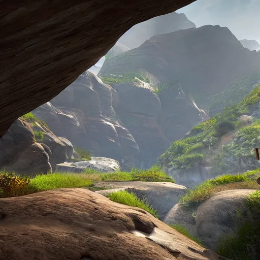 Prompt: pathway canyon in between mountains, unreal engine, high detail, realism, award winning, detailed lighting