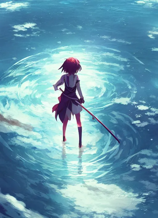 Image similar to anime girl with a katana walking on water, ripples, saturn in the background, low angled, illustration, concept art, anime, key visual, trending pixiv fanbox by wlop and greg rutkowski and makoto shinkai and studio ghibli