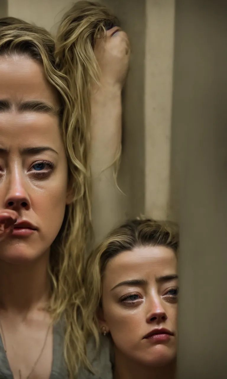 Prompt: amber heard crying hard alone inside a prison, ultra realistic, 8 k, portrait photography