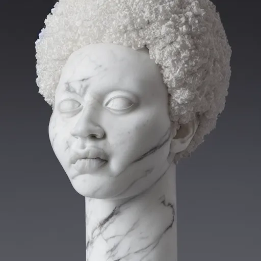 Image similar to a photorealistic all white marble sculpture of a black girl with a white afro crying