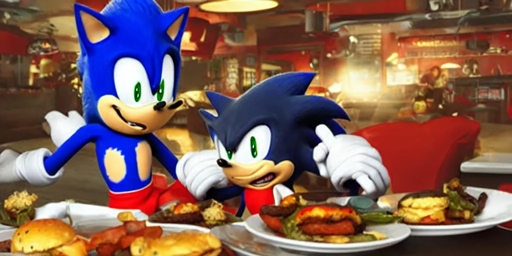 Image similar to A render of Sonic the Hedgehog sitting across from Shadow the Hedgehog at a restaurant, Sonic looks like he is shocked, Shadow is looking away in disgust, they both have hamburgers in front of them on a plate, movie, HDR, moody lighting, unique camera angle