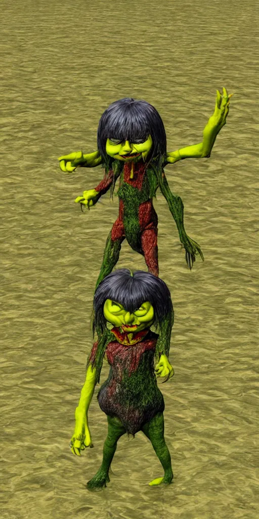 Prompt: malice yellow goblin doll in a lake swamp psx rendered early 90s net art n64 3d 2001