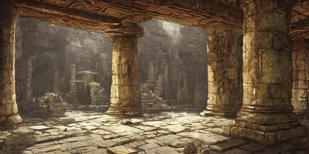 Image similar to deadly traps, ancient temple, pillars, tomb raidar, indiana jones, altar, traps, from inside a temple, temple run, painted by greg rutkowski