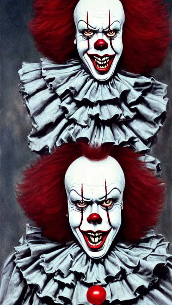 Prompt: Portrait of Tim Curry as Pennywise from IT (1990) by Les Edwards, poster artwork