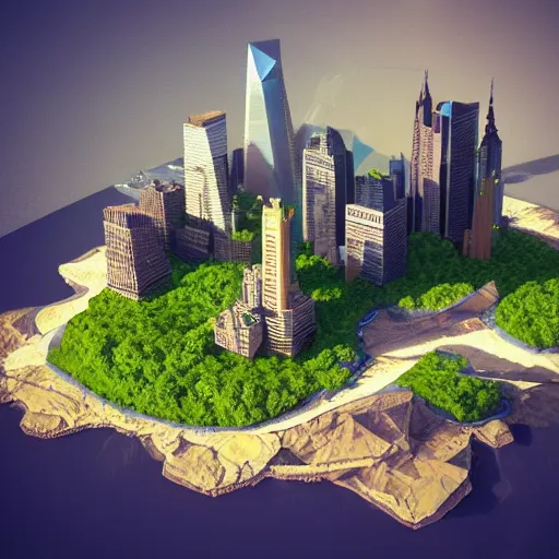 Prompt: manhattan on a floating island in the sky, waterfalls falling down, low poly art, isometric art, 3d render, ray tracing, high detail, artstation, concept art, behance, smooth, sharp focus, ethereal lighting, octane render