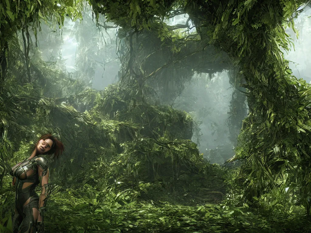 Prompt: gorgeous woman covered by vines in crysis 3, rendered in 8k with cryengine, ray-tracing, highly symmetrical and detailed