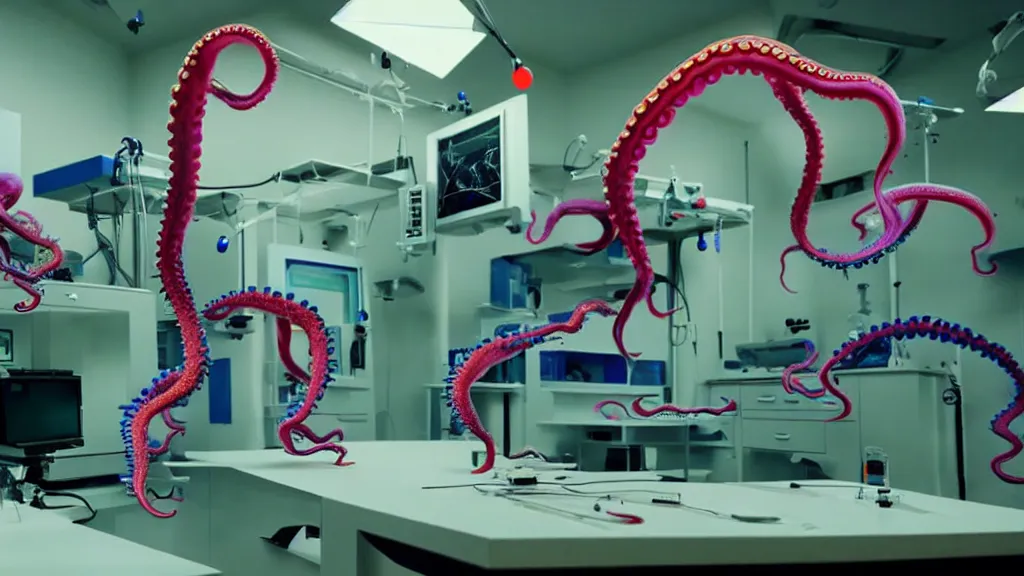 Image similar to a complex bifurcated surgical arm hack mri 3 d printer machine making colorful mutant octopus forms and control panels in the laboratory inspection room, film still from the movie directed by denis villeneuve with art direction by salvador dali, wide lens