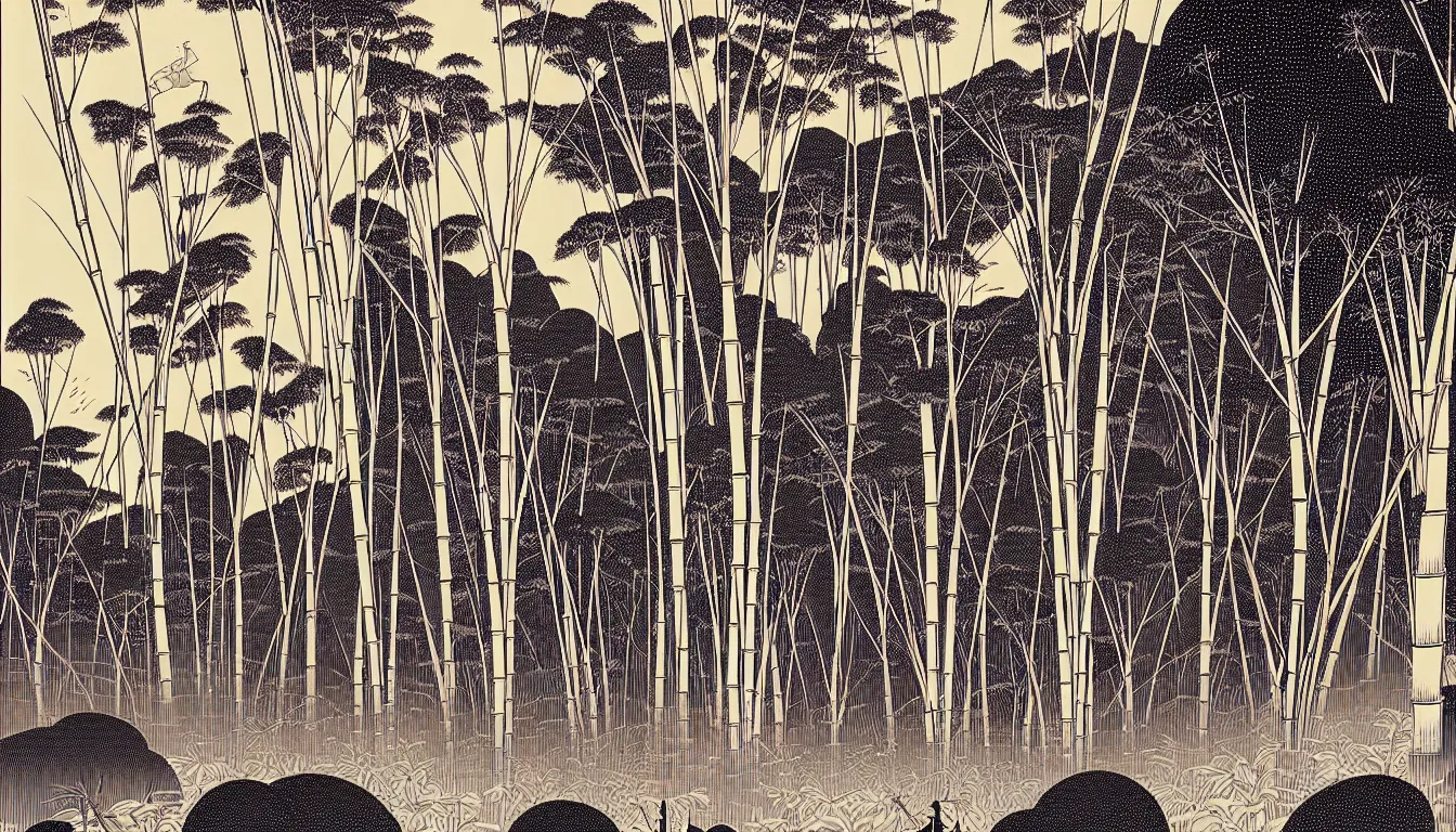 Image similar to bamboo and trees by woodblock print, nicolas delort, moebius, victo ngai, josan gonzalez, kilian eng