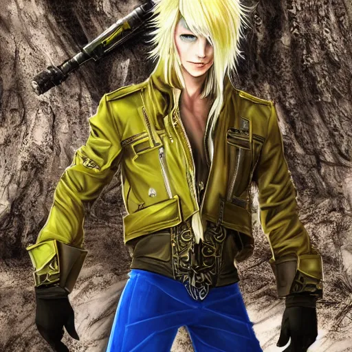 Prompt: elven male, shaggy blonde hair. Wearing modern yellow leather jacket and blue camouflage pants, black wellington glasses. Modern, concept art, Akikazu Mizuno, phantasy star online, anime