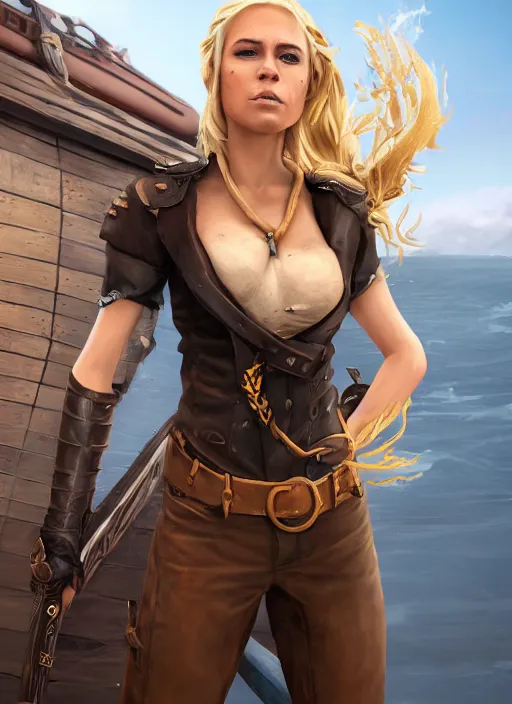 Image similar to An epic fantasy comic book style portrait painting of tall blonde haired female sky-pirate with a serious face and a pony tail in front of a metal gangplank, unreal 5, DAZ, hyperrealistic, octane render, cosplay, RPG portrait, dynamic lighting