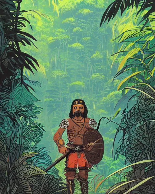 Image similar to portrait of barbaric spanish conquistador in a dense jungle, symmetrical, by yoichi hatakenaka, studio ghibli and dan mumford