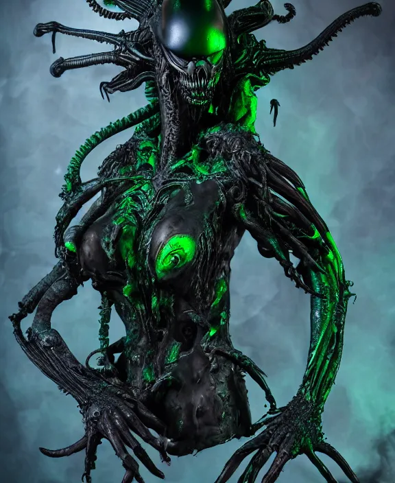 Image similar to xenomorph queen goth model hybrid, dragon eggs, dark emerald mist colors, giger background liminal void, cinematic lighting, realistic, award winning photograph, various refining methods, micro macro autofocus