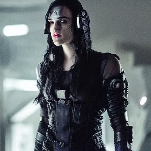 Image similar to Katie McGrath as Cyberpunk Morgana