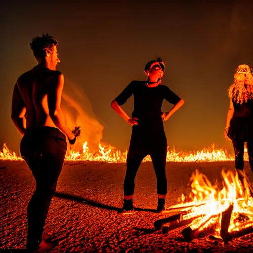 Image similar to photograph of three ravers, two men, one women, photographed from behind, talking around a fire, photorealistic, dancefloor kismet, diverse costumes, clean composition, desert transition area, bonfire, night, australian desert, xf iq 4, symmetry, sony a 7 r, 1 5 0 mp, 5 0 mm