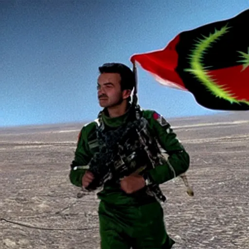 Prompt: kurdish astronaut holding a iraqi kurdistan flag in a movie directed by christopher nolan, movie still frame, promotional image, imax 7 0 mm footage