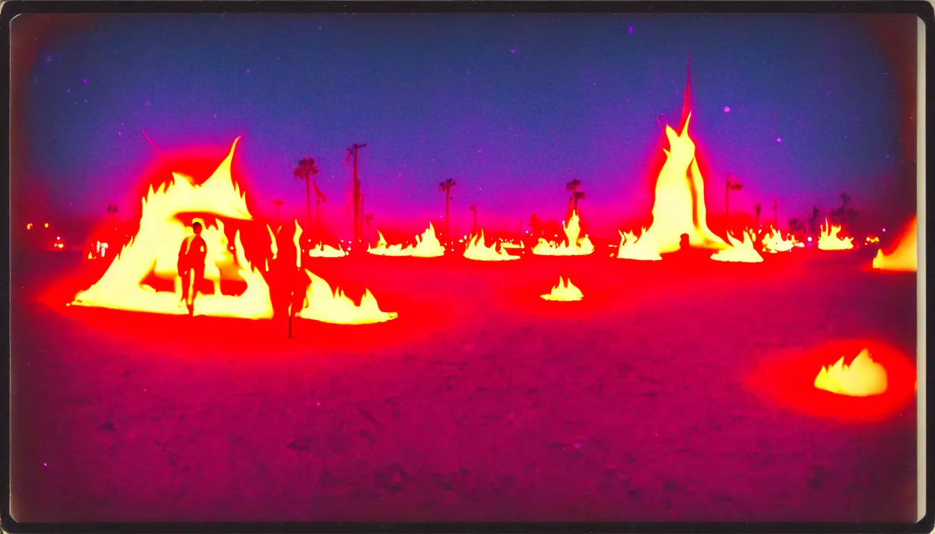 Image similar to colorful instant photograph of burning man at night, polaroid, light leak, raw, nostalgic