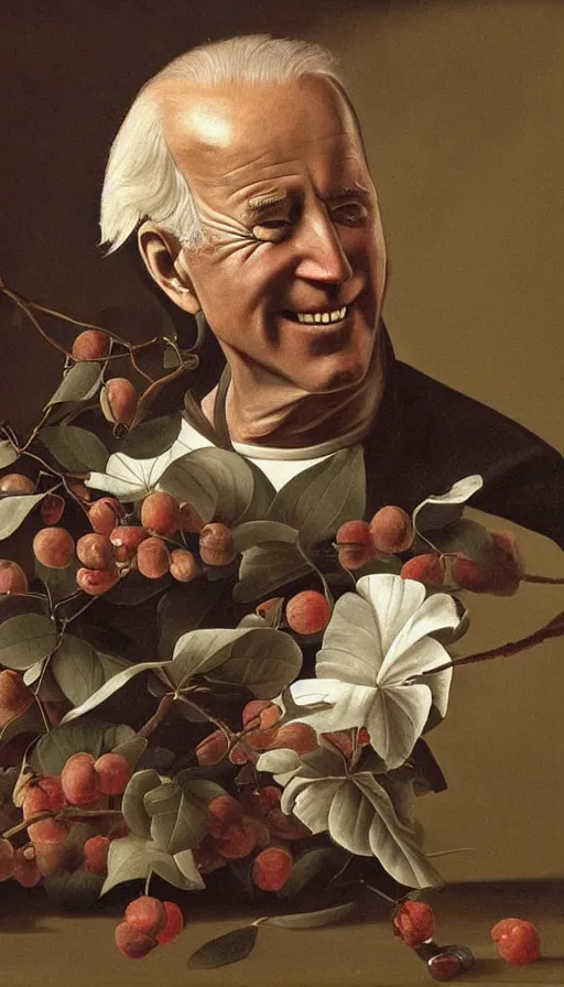 Image similar to hyperrealistic still life painting of Joe Biden by Caravaggio, botanical print