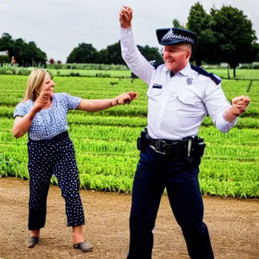 Prompt: Dutch police officer dancing with a farmer