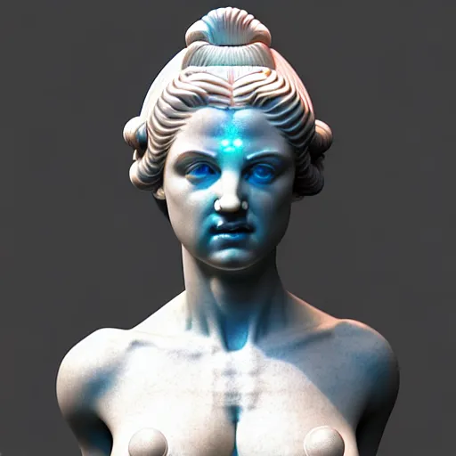 Prompt: sci - fi cgartist wide shot anaglyph ambient occlusion rendering of a hyper realistic marble greek statuary beautiful goddess glowing with embedded leds head product photo high key colored lighting, trending on artstation volumetric lighting