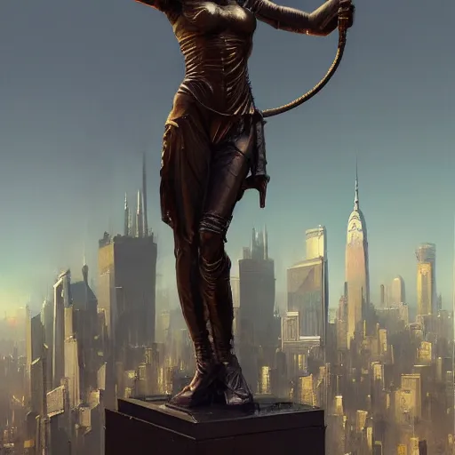 Image similar to a bronze statue stands as the centerpiece of cyberpunk new york city, fantasy, intricate, elegant, digital painting, trending on artstation, concept art, sharp focus, illustration by greg rutkowski, Gaston Bussiere and artgerm, 4k.