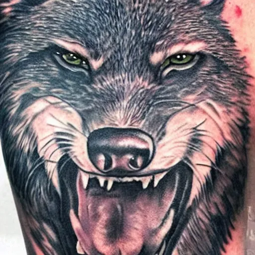 Prompt: tattoo of close up portrait photo of an angry wolf with huge teeth, 8k,