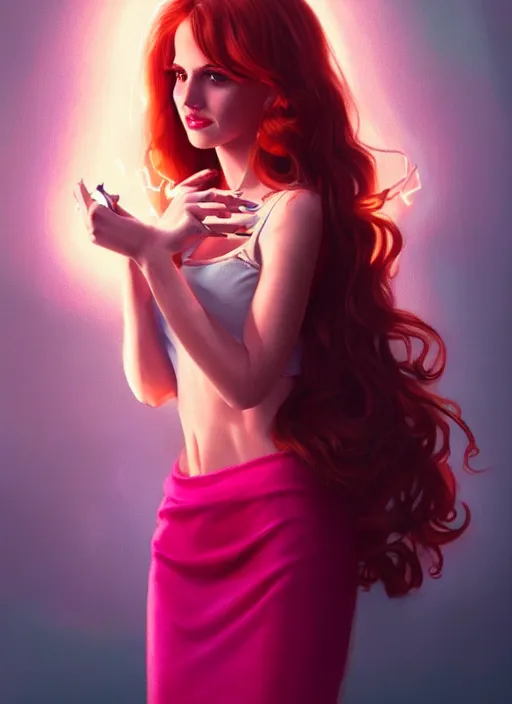 Image similar to full body portrait of teenage cheryl blossom, bangs, green eyes, sultry expression, red hair, sultry smirk, bangs and wavy hair, pink skirt, intricate, elegant, glowing lights, highly detailed, digital painting, artstation, concept art, smooth, sharp focus, illustration, art by wlop, mars ravelo and greg rutkowski