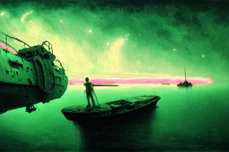 Image similar to boat in the outer space with clouds looking at derelict ship, in the style of beksinski, intricate and epic composition, pink by caravaggio, insanely quality, highly detailed, masterpiece, neon green light, artstation, 4 k