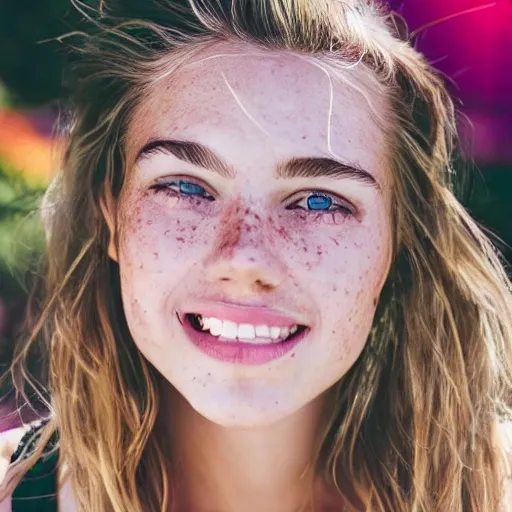 Image similar to a trending photo of over a million views from a female fashion model's instagram account, summer, freckles, smile, green eyes, natural, easygoing, healthy, nikon, leica, zeiss, 5 0 mm lens, flash fill, f 1. 8 depth of field