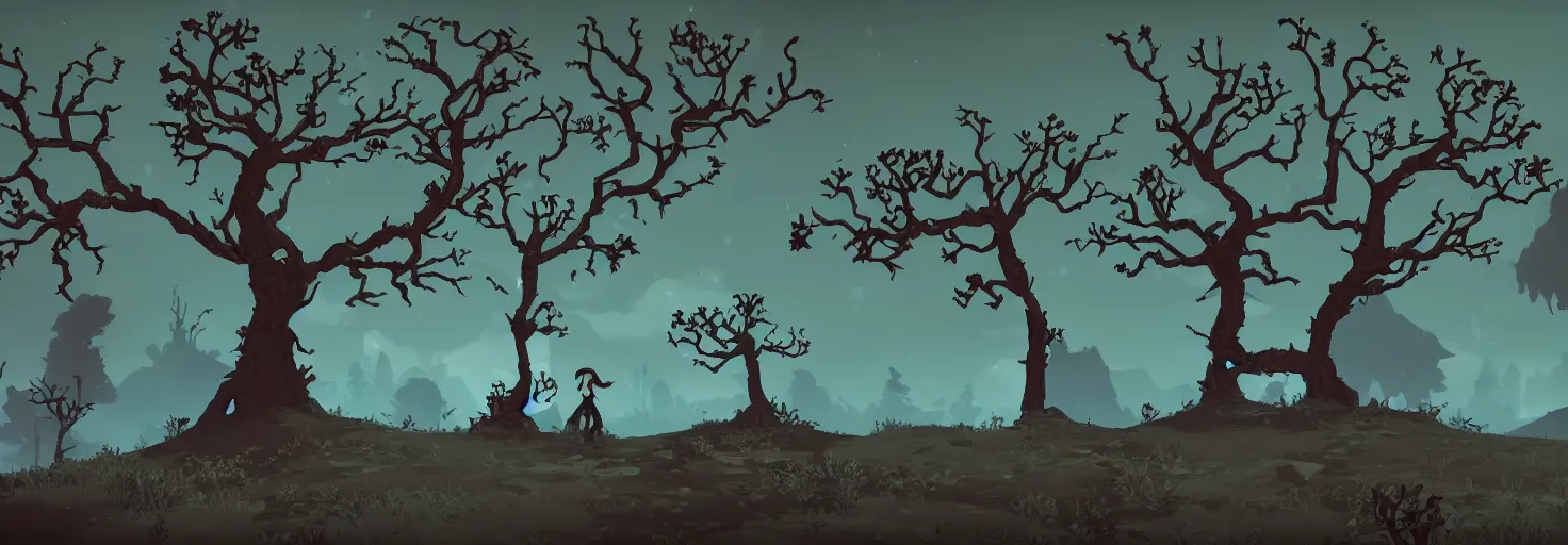 Prompt: distant ancient gnarled tree silhouettes, parallax layer from a gorgeous indie platform game