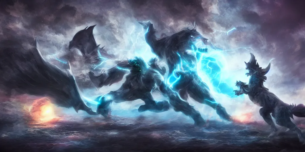 Image similar to cosmic guardian fighting a demonic beast, fantasy apocalypse, digital art, 4 k