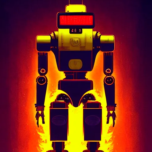 Image similar to a full body character design angus mckie tim doyle, laurie greasley. fiery flaming grungy industrial faceless humanoid anatomical mech robot heroic!! fire!! bold outline sharp edges. ultra clear detailed. 8 k. elegant, neon colors, dynamic angle, intricate complexity, epic composition, symmetry, cinematic lighting masterpiece