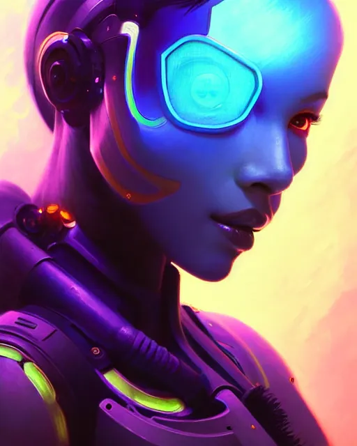 Prompt: echo from overwatch, thai, blue holographic face, elegant, colorful, fantasy, fantasy art, character portrait, portrait, close up, highly detailed, intricate detail, amazing detail, sharp focus, vintage fantasy art, vintage sci - fi art, radiant light, caustics, by boris vallejo