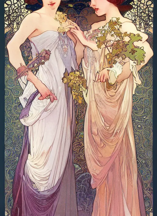 Prompt: dreamlike amidens in gowns smooth sharp focus illustration by rossdraws, alphonse mucha frank fanzzeta