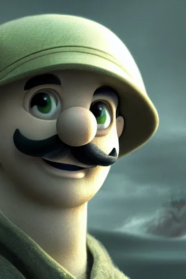 Image similar to very very intricate photorealistic photo of a realistic human version of luigi wearing his hat in an episode of game of thrones, photo is in focus with detailed atmospheric lighting, award - winning crisp details