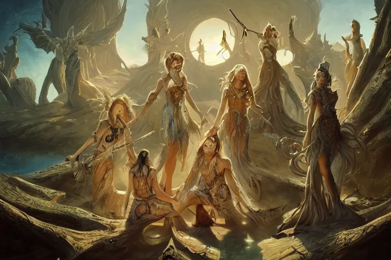 Prompt: the muses. sacred singers they who took up the strings of the deep, and turned the cacophony of an angry world into songs of unity and peace. afternoon lighting, cinematic fantasy painting, dungeons and dragons, jessica rossier and brian froud