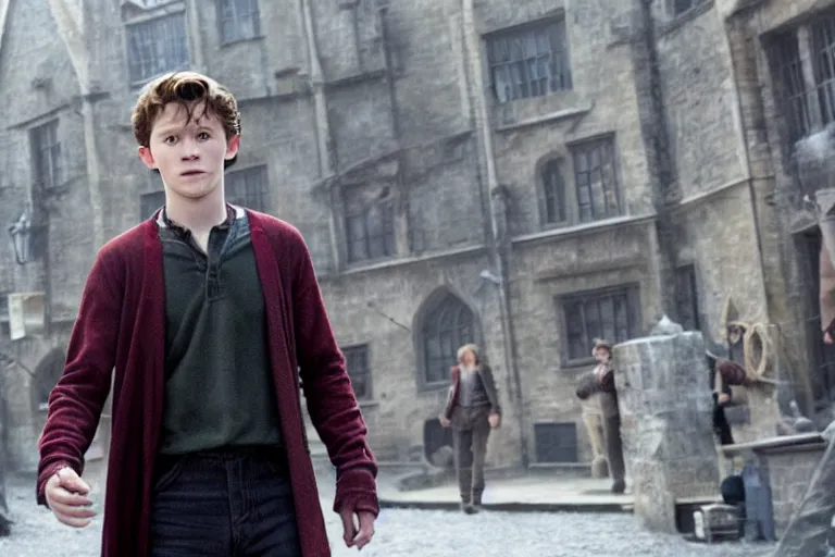 Image similar to film still of Tom Holland as Harry Potter in Harry Potter movie