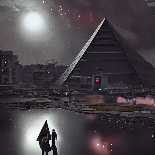 Image similar to mysterious metallic black pyramid in tokyo, reflective, by tom bagshaw and ilya kuvshinov, rtx rendering, octane render 1 2 8 k, maya, extreme high intricate details by wlop, digital anime art by ross tran, medium shot, composition by sana takeda, dramatic lighting by greg rutkowski