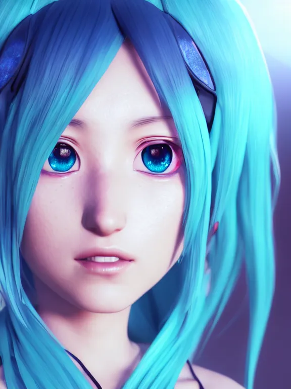 Image similar to portrait art of hatsune miku 8 k ultra realistic, lens flare, atmosphere, glow, detailed, intricate, full of colour, cinematic lighting, trending on artstation, 4 k, matte, hyperrealistic, focused, extreme details, unreal engine 5, cinematic, masterpiece