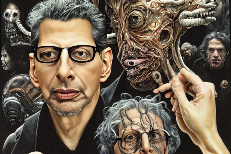 Image similar to hyper realistic portrait of wider faced jeff goldblum, silver haired, the fly, the thing, body horror, cronenberg, by hr giger, by lee bermejo, alphonse mucha and greg rutkowski