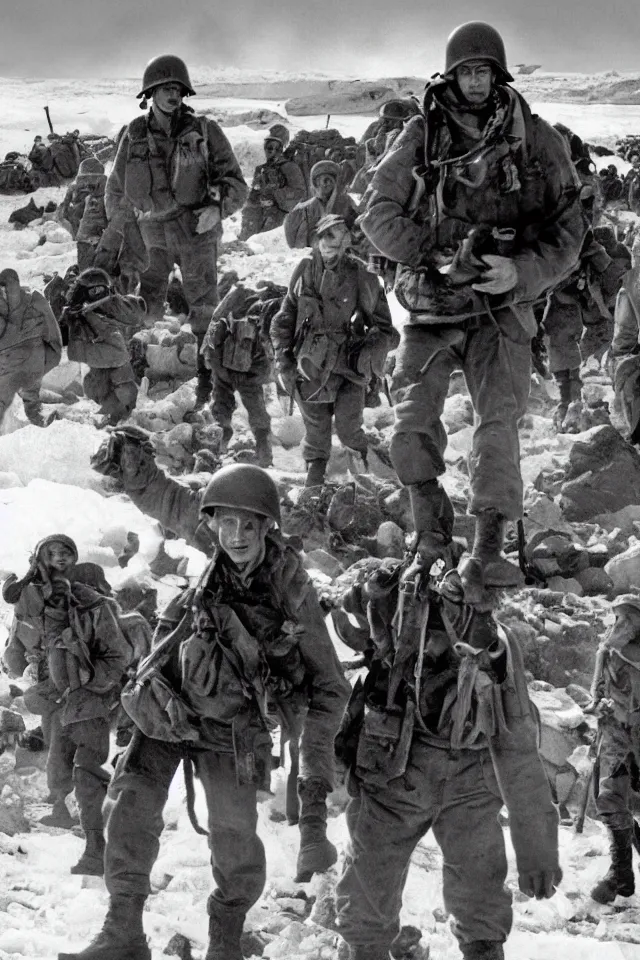 Image similar to a portrait of ww 2 american soldiers entering agartha from antarctica, realistic, highly detailed, fantasy, early 2 1 st century film quality, b & w, 4 k