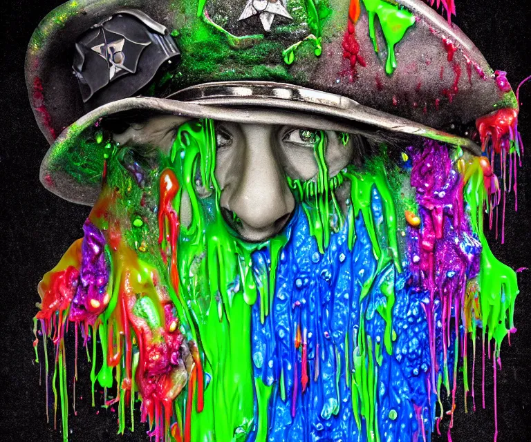 Image similar to beautiful 3 5 mm photograph of a slimy rotting zombie wearing a police uniform and police hat covered in colorful wet goop, dripping with colorful liquid, policeman, cop, biocop, intricate details, dark ambient, service cap, atmospheric, movie poster, poster, horror, elegant, super highly detailed, professional digital photo, artstation, concept art, 8 k