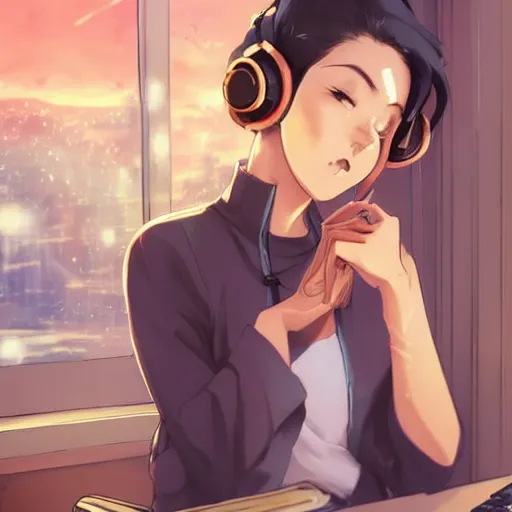 Image similar to attractive!!!!!!!!! girl!!!!!!!!!!!!!, hair in messy bun, wearing headphones, studying at desk, bedroom setting, golden hour, digital art, art by rossdraws, artgerm, anime scenery by Makoto Shinkai