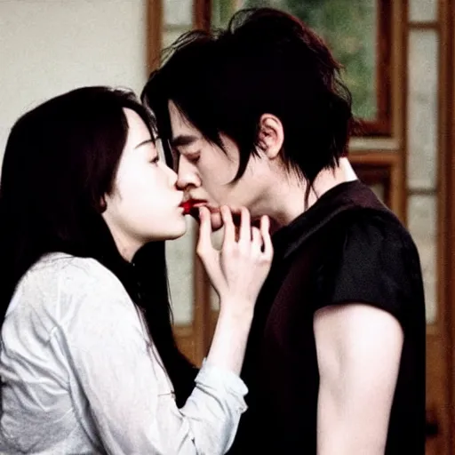 Image similar to film still, two vampires kissing, directed by park chan - wook