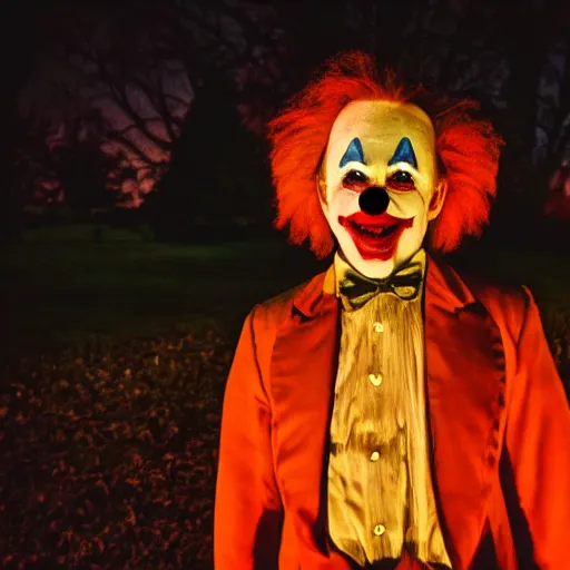 Image similar to creepy clown at a dark park smiling