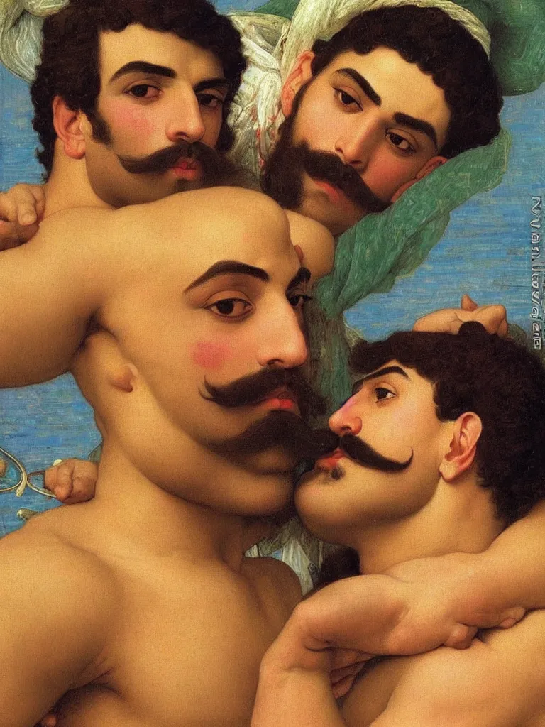Prompt: close up portrait of 20 years old muscular persian iranian wrestlers handsome men with a mustache kiss, victor Nizovtsev, Botticelli, bouguereau