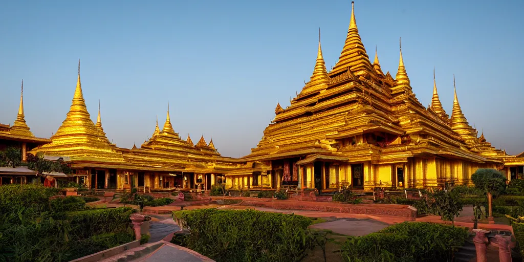 Image similar to beautiful!!!! environmental! shot photograph of the mandalay palace in the golden hour, Ultra-wide Angle, DSLR, cinematic lighting, 4k, award-winning