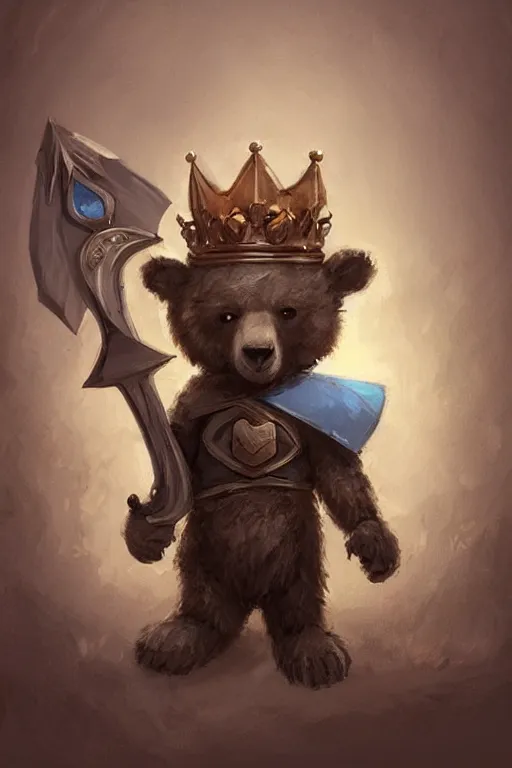 Image similar to cute little anthropomorphic bear knight wearing a cape and a crown, tiny, small, miniature bear, baby animal, short, pale blue armor, cute and adorable, pretty, beautiful, DnD character art portrait, matte fantasy painting, DeviantArt Artstation, by Jason Felix by Steve Argyle by Tyler Jacobson by Peter Mohrbacher, cinematic lighting